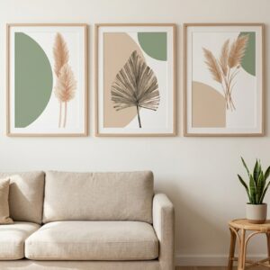 Set of 3 Botanical Prints, Sage Green Abstract Pampas Grass Wall Art, Neutral Gallery Wall Set, Modern Minimalist Leaf Poster Digital Download