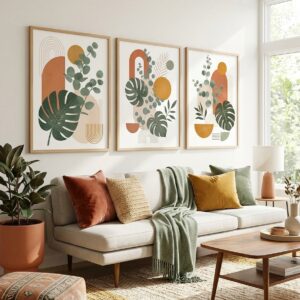 Set of 3 Botanical Prints, Terracotta Mustard Sage Green Poster Set, Minimalist Monstera Eucalyptus Print, Boho Living Room Decor Printable Poster Digital Download