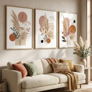 Boho Botanical Wall Art Set of 3, Pampas Grass Prints, Mid Century Modern Gallery Wall, Neutral Earthy Tone Poster Set, Terracotta Decor Digital Download